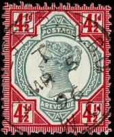 SG206a 4½d Green & Deep Bright Carmine, Very Fine CDS Leicester Square 5th March 1896