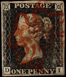 SOLD! 1840 SG2 (AS15) 1d Black Plate 2, DI with 4 Margins,  Very Fine Red Maltese Cross with NW 7 O'Clock Ray Flaw and Broad Slanted D in SW Corner
