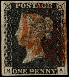 1840 SG2 (AS15) 1d Black Plate 2, RA with 4 Margins,  Very Fine Red Maltese Cross with NW 7 & 10 O'clock Ray Flaws, and Guide Lines in Margin Above NW & NE Squares