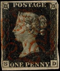 1840 SG2 (AS46) 1d Black Plate 8, SD with 4 Margins, Very Fine Red Maltese Cross (lightly struck and very well centred entire cross), with Right Star Flaw Listed Variant (in early state)