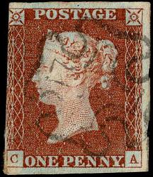 1841 Penny Red - CA, Plate 36,  3½ Margins, Very Fine Black Maltese Cross (North West 10 O'clock Ray Flaw)