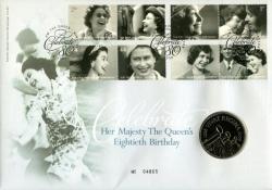 2006 Queens 80th Birthday coin cover with £5 coin - cat value £27