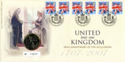 2007 300th Anniversary of the Act of Union coin cover with £2 coin - cat value £23