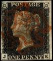 1840 SG2 (AS15) 1d Black Plate 6, JK with 4 Margins, Very Fine Red Maltese Cross with Guide Line through Value Variety and Characterstic Pl.6 Weak (left) Border