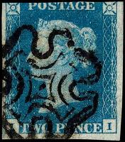 1840 SG5, 2d Blue - II, 3 Strong Margins, Black "Brighton" Maltese Cross