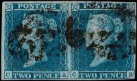SOLD! 1841 Two Penny Blue Pair - CA & CB, Plate 3, 4 Margins on Both