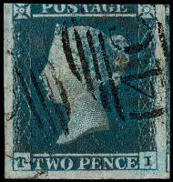 SOLD! 1841 Two Penny Blue - TI, Plate 3, 3 Very Large Margins - Irregularly Dark Navy Blue