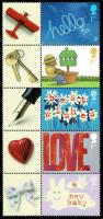 2002 Occasions Greetings strip of 5 with labels