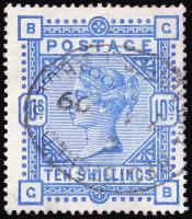 SG183 10/- Ultramarine - Fine Used (Cat. £375) - (Spec: K14, ii) (Scott: 109)