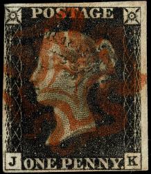 1840 SG2 (AS41) 1d Black Plate 6, JK with 4 Margins, Very Fine Red Maltese Cross with Guide Line through Value Variety and Characterstic Pl.6 Weak (left) Border