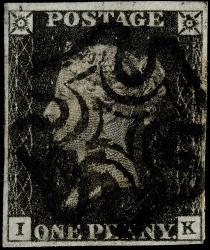 SOLD! 1840 SG2 (AS46) 1d Black Plate 8, IK with 4 Margins,  Very Fine Black Maltese Cross with O Flaw