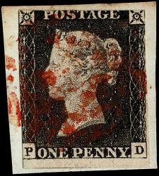 1840 SG, 1d Intense Black - PD, 1-2 Margins, Red Maltese Cross (On Piece)