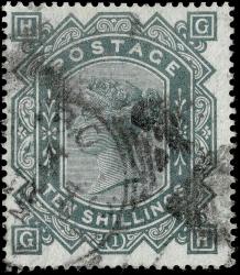 SG135 10/- Greenish Grey (Plate 1) Wmk Large Anchor, White Paper - Good Used (Cat. £3500) - (Spec: J125a) (Scott: 91a)
