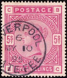 SG180 (K12) 5/- Rose - Very Fine CDS Liverpool with LATE FEE 10th May 1885 (CV £130)