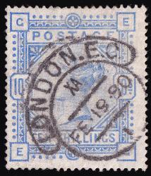 SG183a (K14) 10/- Pale Ultramarine - Fine Used Hooded Circle, London EC 19th Feb 1890 (Cat. £375)