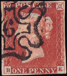 SG8m (B1) 1d Red, BE, 4 Margins - Maltese Cross with 6 in Centre (Cat. £160)