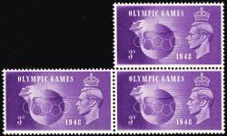 SG496a (QCom15a) 1948 Olympic Games 3d Violet, Crown Flaw - Block of 3 with variety at bottom left UM/MNH (Cat. £75)