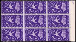 SG492a (QCom9b) 1946 Peace & Freedom 3d Violet, Seven Berries Variety - block of 9 with variety in centre UM/MNH, top row non-variety stamps are lightly mounted (Cat. £35)