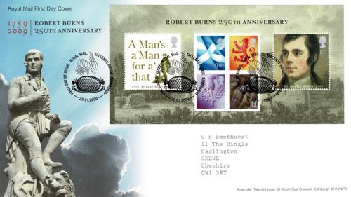 Scotland 2009 22nd January Robert Burns MS Tallents House CDS Royal Mail Cover